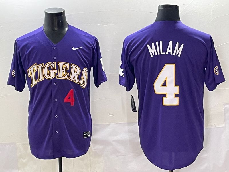 Men 2025 LSU Tigers #4 Milam Purple Joint Name Nike NCAA Jersey style 2